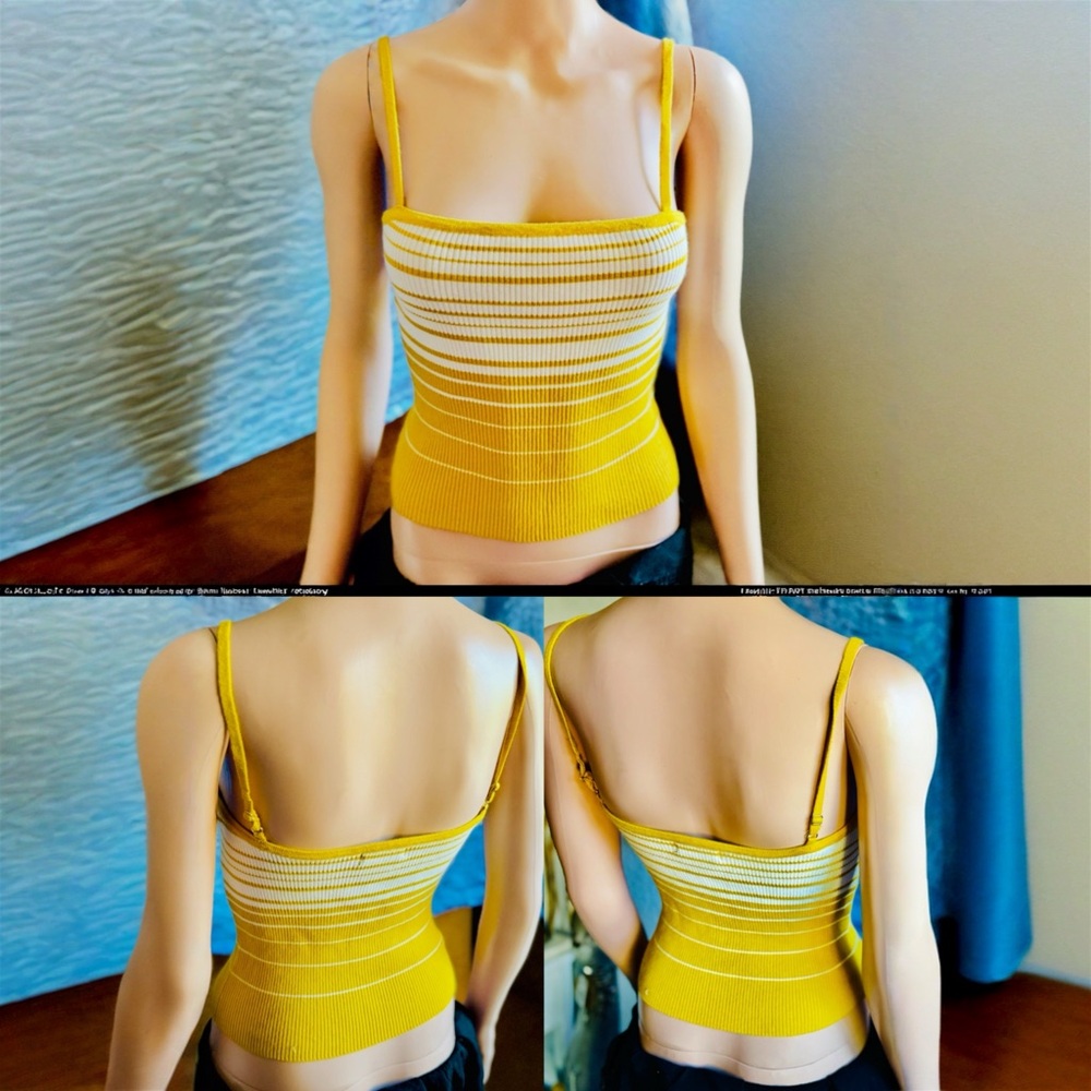 Vibrant Yellow & White Striped Ribbed Tank Top – Adjustable Straps (L)